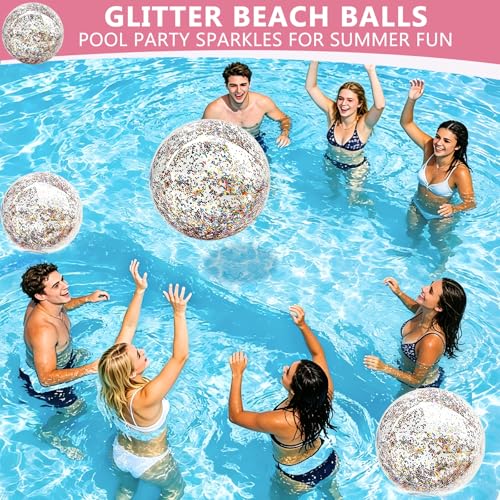 TURNMEON 5-Pack Glitter Sequins Beach Balls – 16 & 24 Inch Clear Inflatable Pool Toys for Kids & Adults