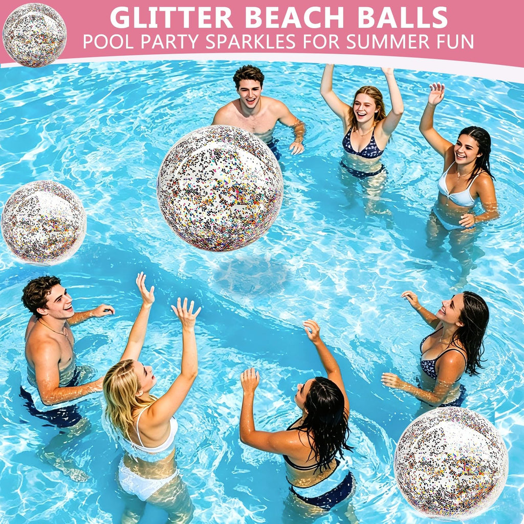 TURNMEON 5-Pack Glitter Sequins Beach Balls – 16 & 24 Inch Clear Inflatable Pool Toys for Kids & Adults