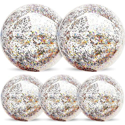 TURNMEON 5-Pack Glitter Sequins Beach Balls – 16 & 24 Inch Clear Inflatable Pool Toys for Kids & Adults