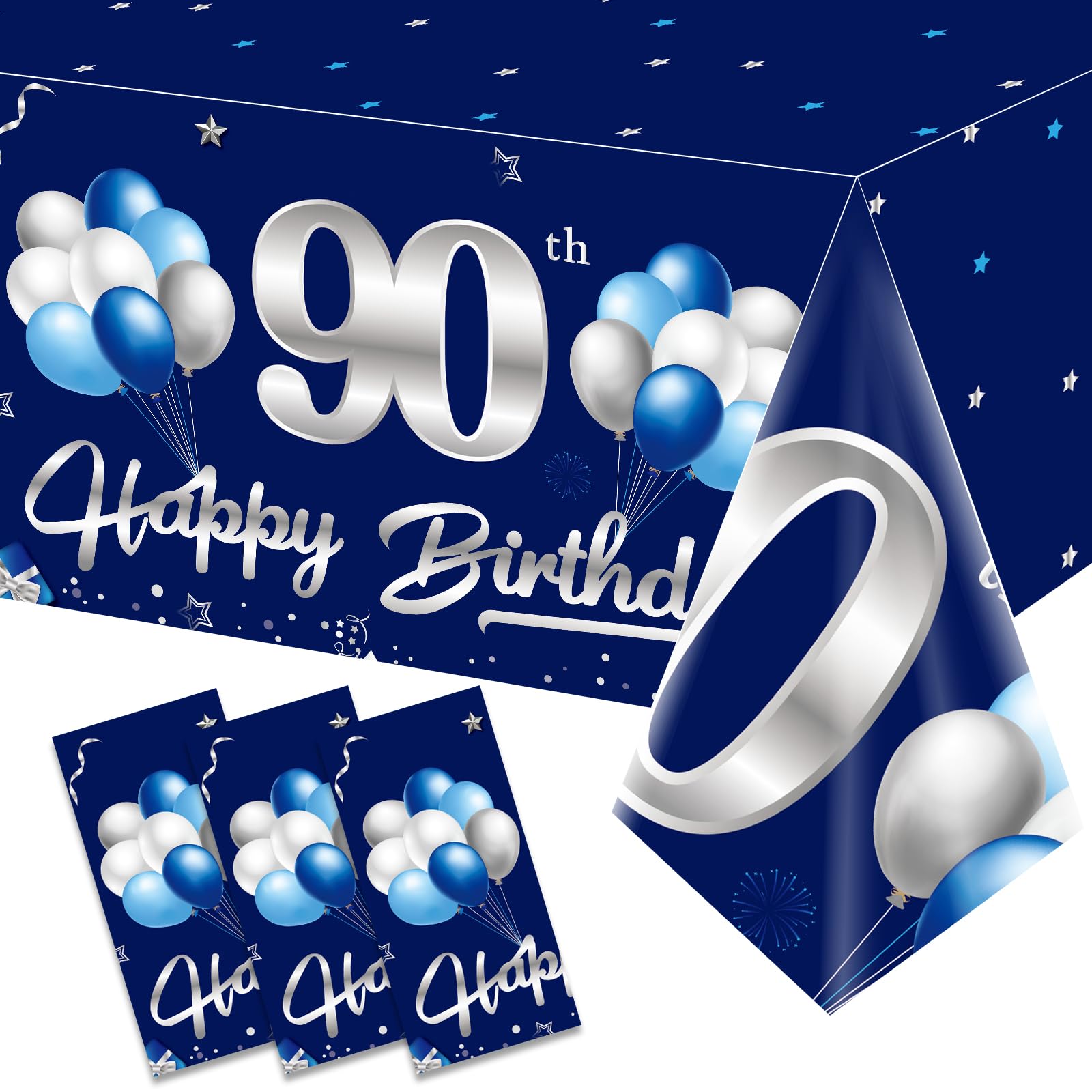 Turypaty 3-Pack Blue Silver 90th Birthday Tablecloth for Men - 108x54 Inch Rectangular Disposable Party Table Cover