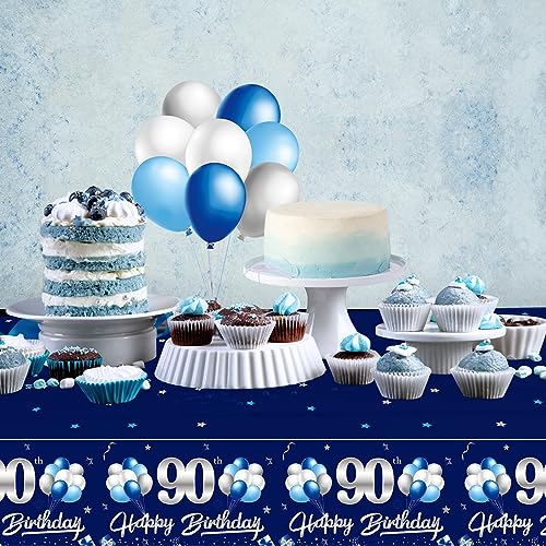 Turypaty 3-Pack Blue Silver 90th Birthday Tablecloth for Men - 108x54 Inch Rectangular Disposable Party Table Cover