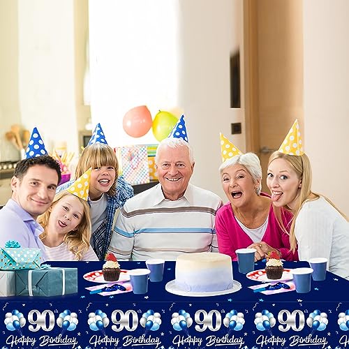 Turypaty 3-Pack Blue Silver 90th Birthday Tablecloth for Men - 108x54 Inch Rectangular Disposable Party Table Cover
