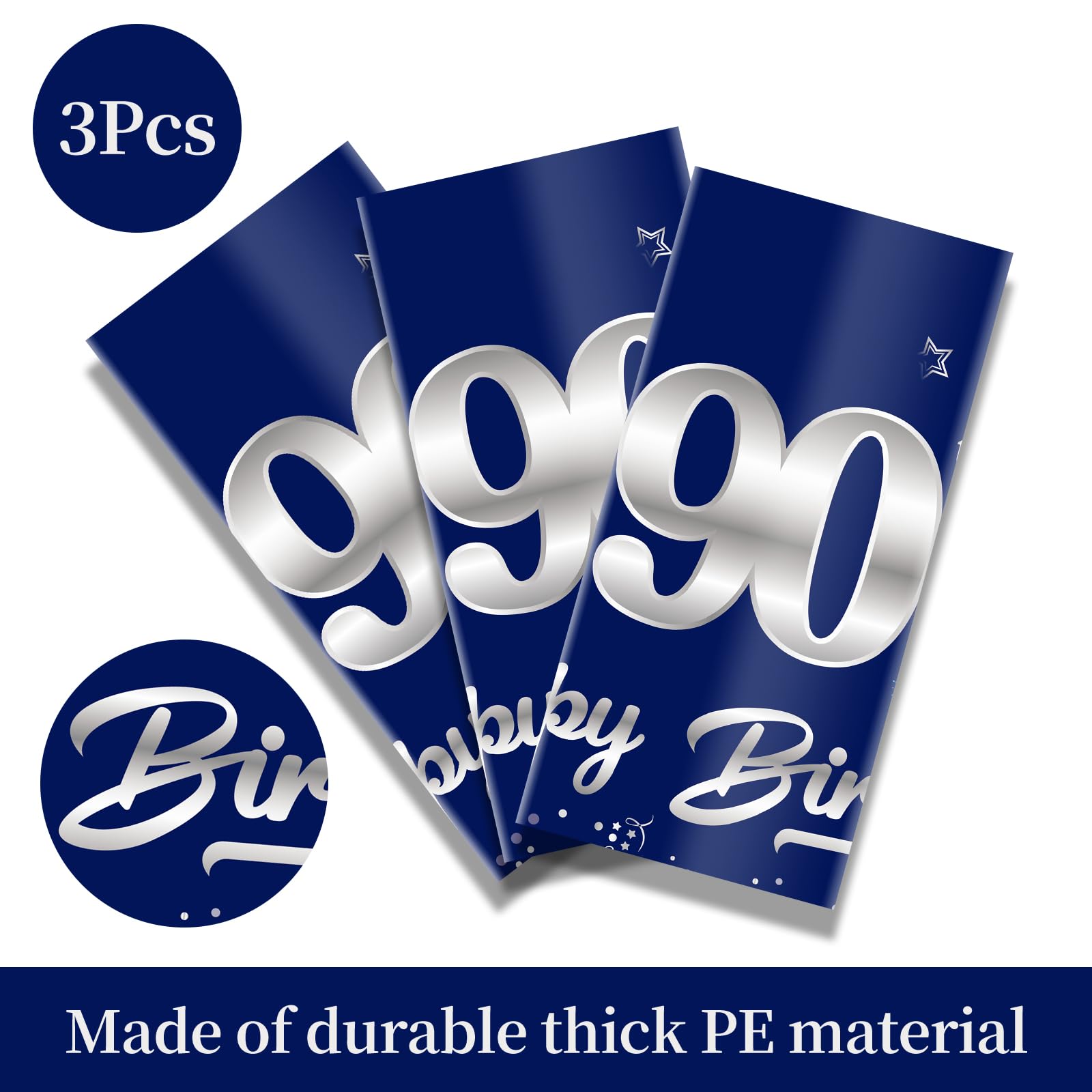 Turypaty 3-Pack Blue Silver 90th Birthday Tablecloth for Men - 108x54 Inch Rectangular Disposable Party Table Cover