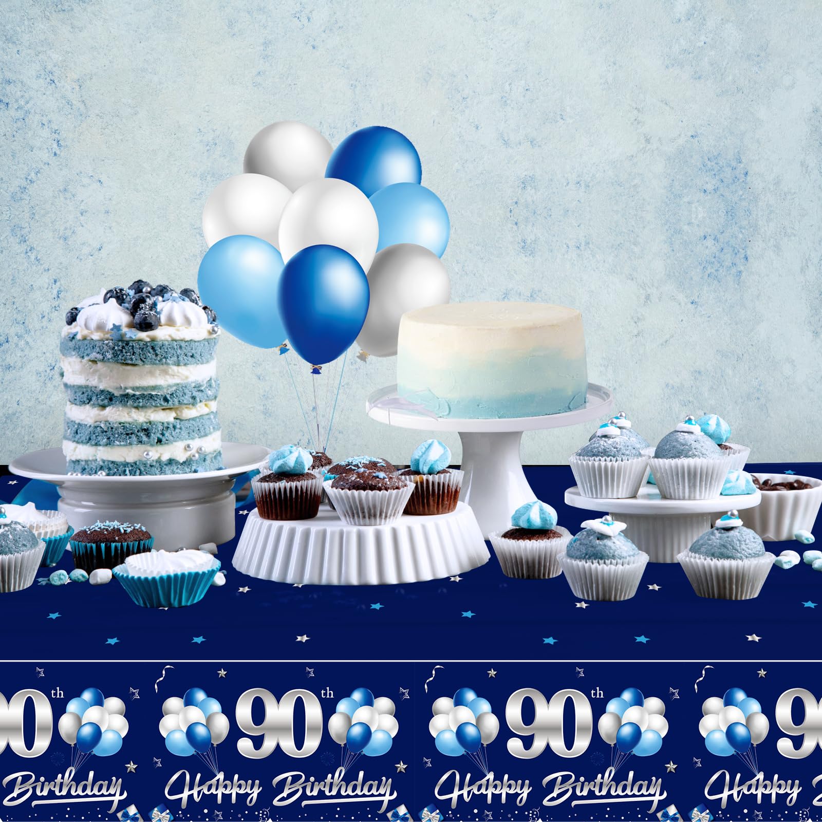 Turypaty 3-Pack Blue Silver 90th Birthday Tablecloth for Men - 108x54 Inch Rectangular Disposable Party Table Cover