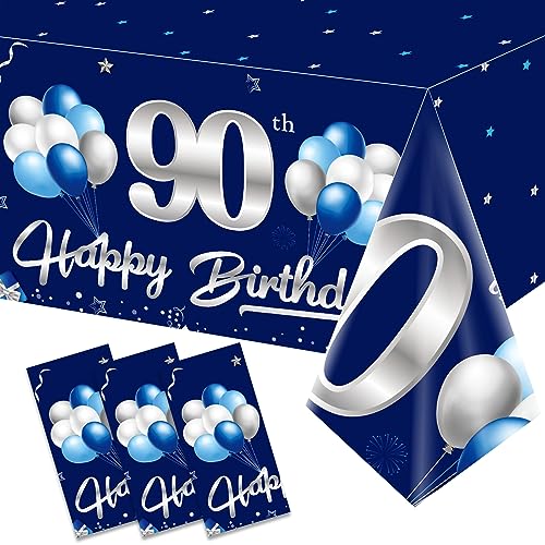 Turypaty 3-Pack Blue Silver 90th Birthday Tablecloth for Men - 108x54 Inch Rectangular Disposable Party Table Cover