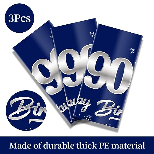 Turypaty 3-Pack Blue Silver 90th Birthday Tablecloth for Men - 108x54 Inch Rectangular Disposable Party Table Cover
