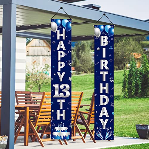 Turypaty Blue Silver 13th Birthday Door Banner - Happy 13th Birthday Decorations for Boys