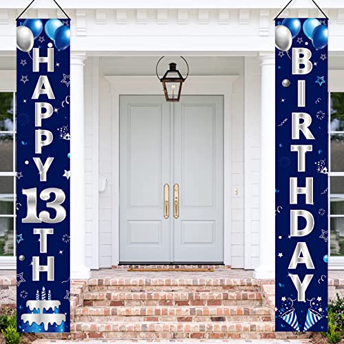 Turypaty Blue Silver 13th Birthday Door Banner - Happy 13th Birthday Decorations for Boys