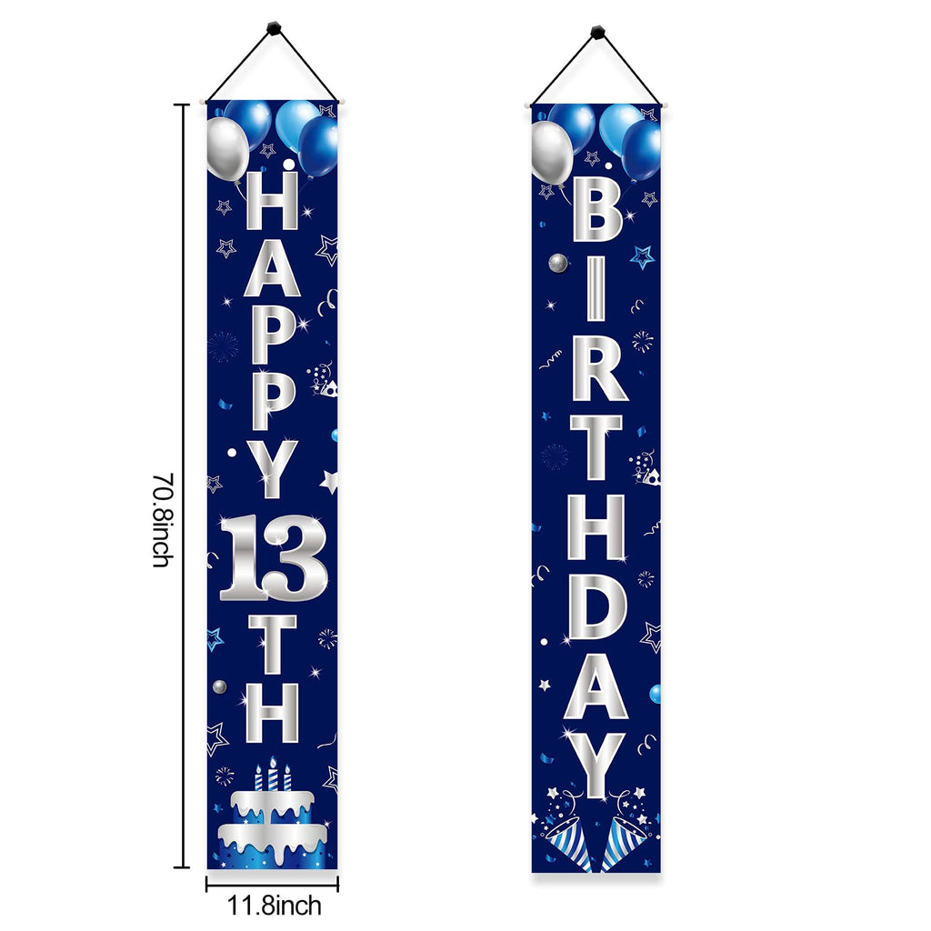 Turypaty Blue Silver 13th Birthday Door Banner - Happy 13th Birthday Decorations for Boys