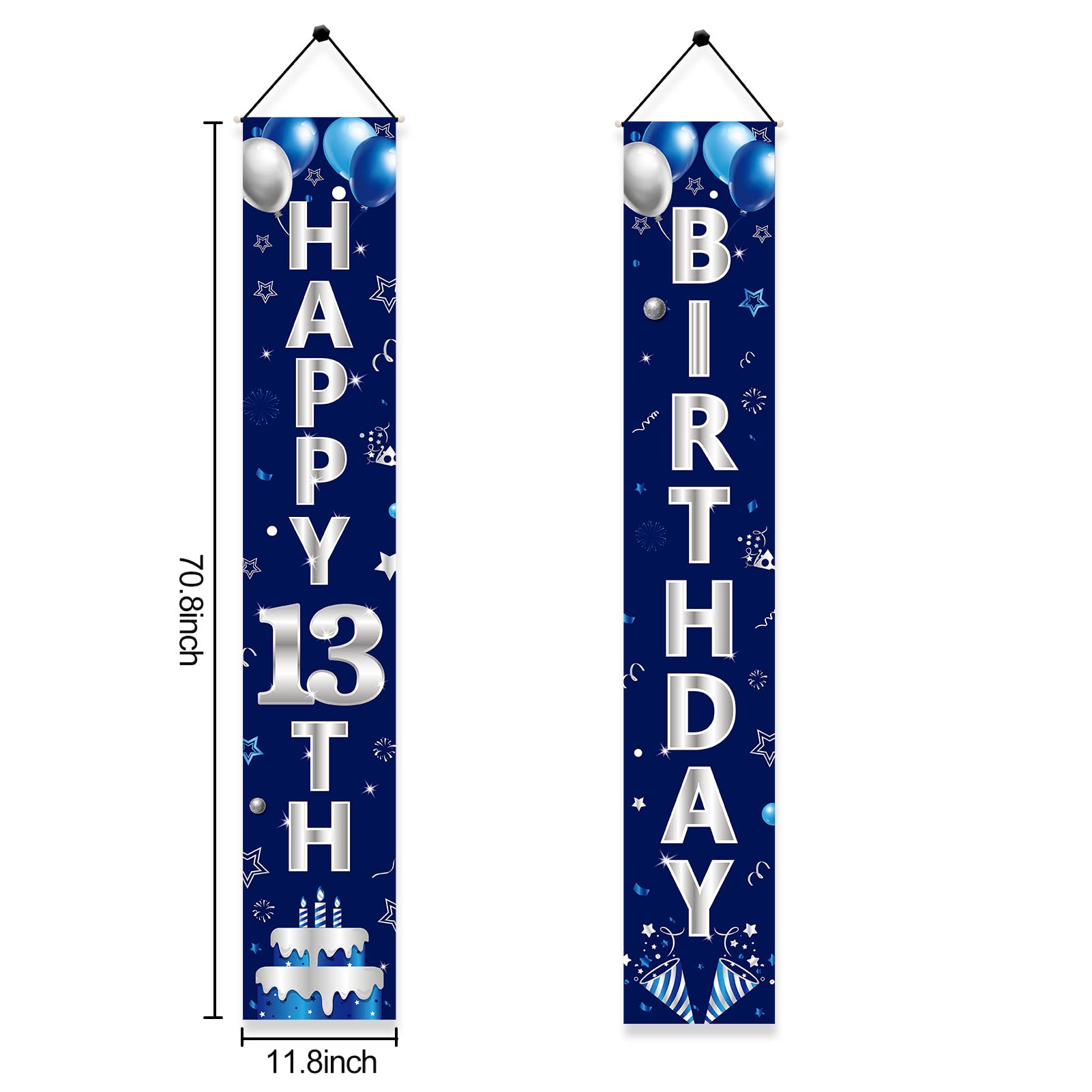 Turypaty Blue Silver 13th Birthday Door Banner - Happy 13th Birthday Decorations for Boys