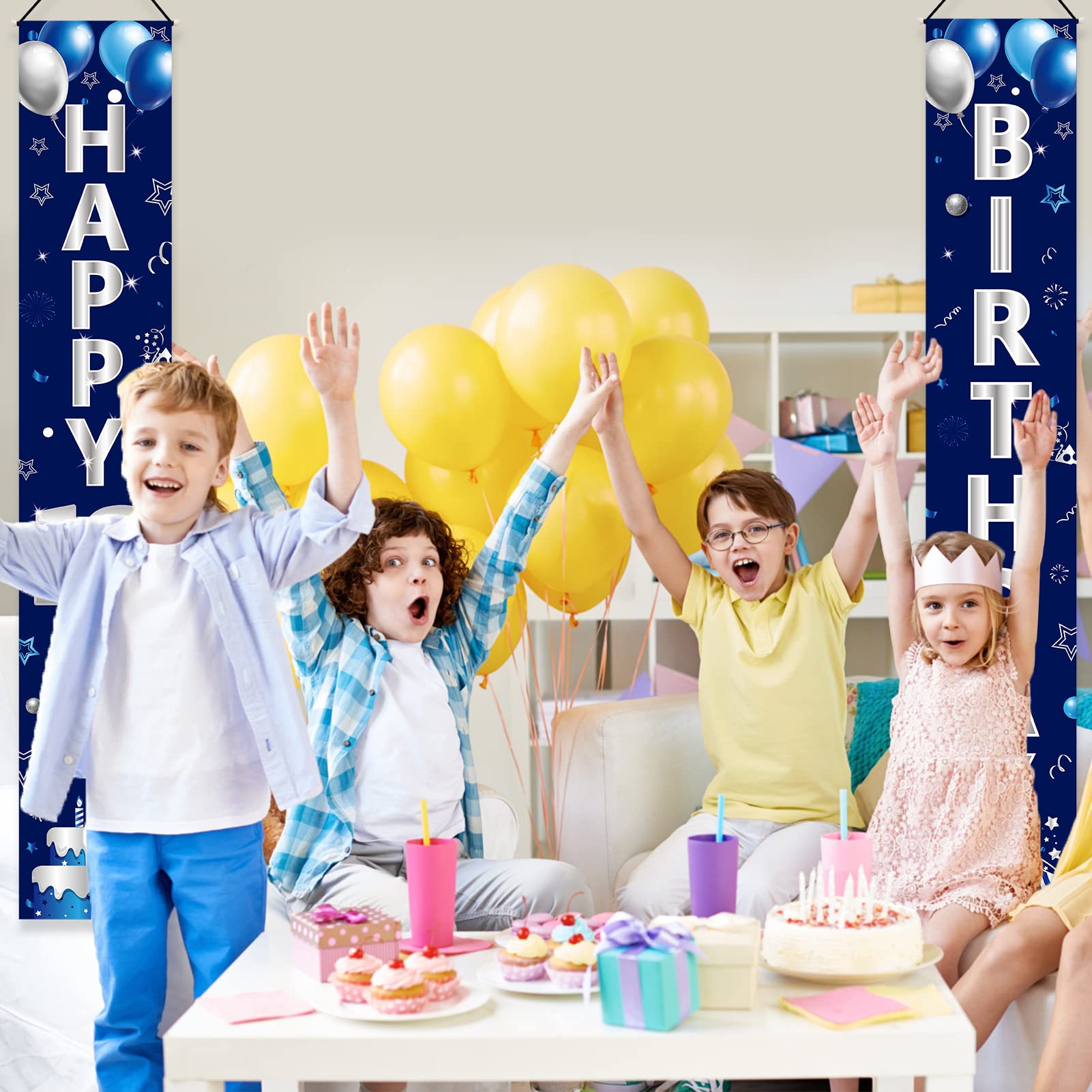 Turypaty Blue Silver 13th Birthday Door Banner - Happy 13th Birthday Decorations for Boys