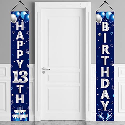 Turypaty Blue Silver 13th Birthday Door Banner - Happy 13th Birthday Decorations for Boys