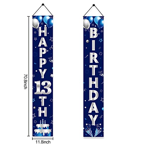 Turypaty Blue Silver 13th Birthday Door Banner - Happy 13th Birthday Decorations for Boys