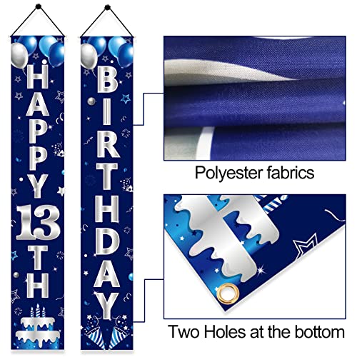 Turypaty Blue Silver 13th Birthday Door Banner - Happy 13th Birthday Decorations for Boys