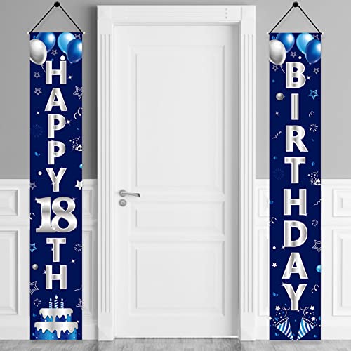 Turypaty Blue Silver 18th Birthday Door Banner Set for Boys – Happy 18th Party Decor