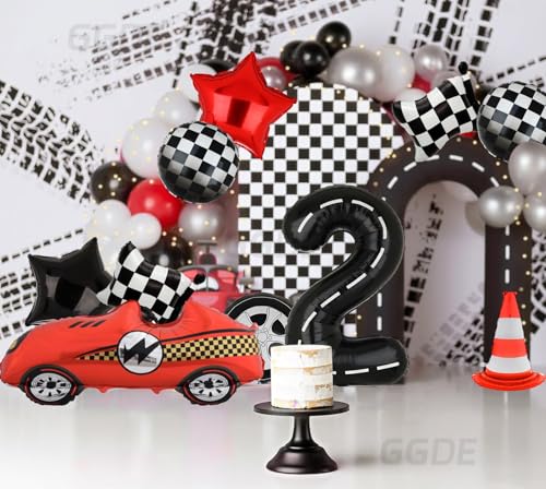 Two Fast 2nd Birthday Race Car Balloon Set - 40-Inch Number 2, Checkered Flags, Traffic Cone & More