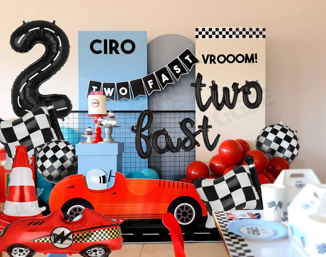 Two Fast 2nd Birthday Race Car Balloon Set - 40-Inch Number 2, Checkered Flags, Traffic Cone & More