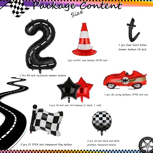 Two Fast 2nd Birthday Race Car Balloon Set - 40-Inch Number 2, Checkered Flags, Traffic Cone & More