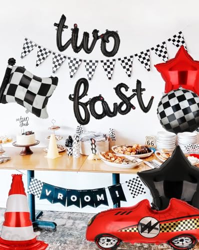 Two Fast 2nd Birthday Race Car Balloon Set - 40-Inch Number 2, Checkered Flags, Traffic Cone & More