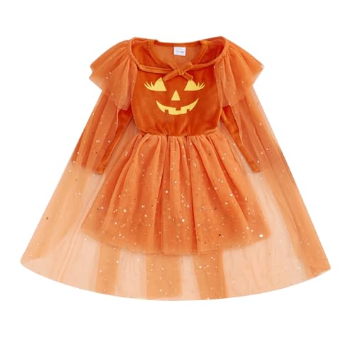 Twopumpkin Toddler Girl Halloween Costume – Witch Sparkle Cape & Pumpkin Dress (Orange, 18-24 Months)