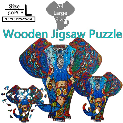 TYRNDINNO 150-Piece Wooden Elephant Jigsaw Puzzle – Unique Shaped Puzzle for Adults, Doubles as Mouse Pad, 9.5x9.5 Inches