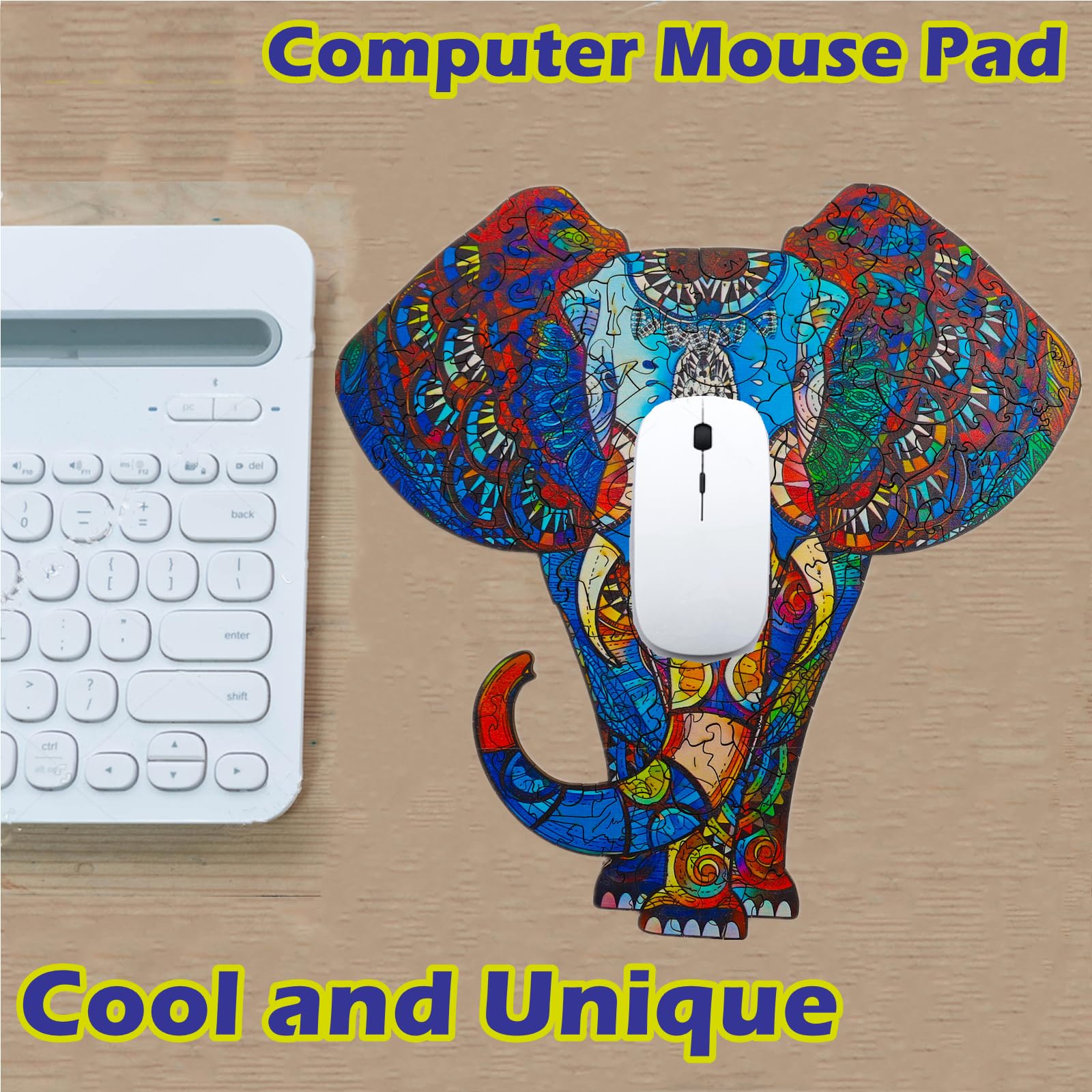 TYRNDINNO 150-Piece Wooden Elephant Jigsaw Puzzle – Unique Shaped Puzzle for Adults, Doubles as Mouse Pad, 9.5x9.5 Inches