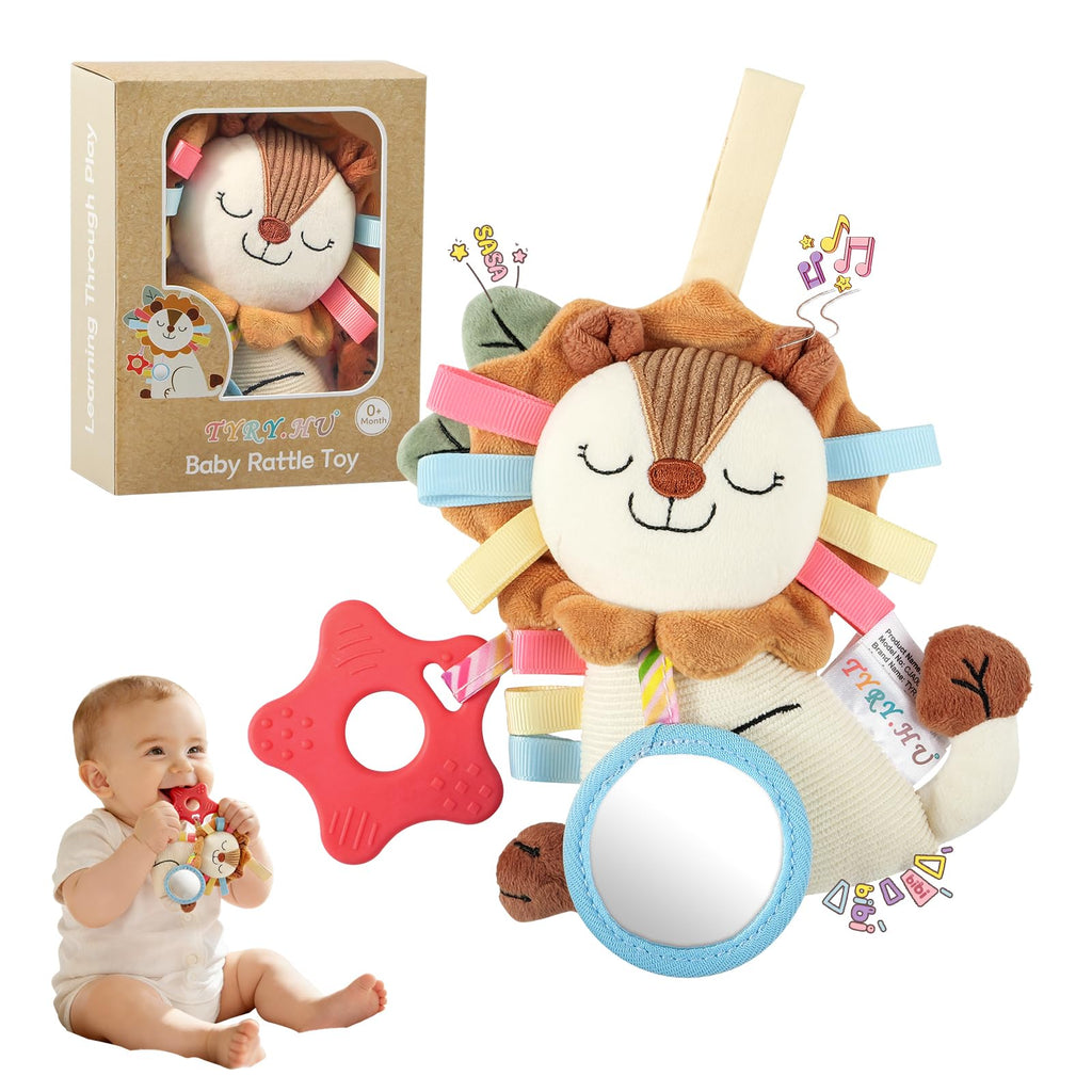 TYRY.HU Baby Car Seat Toy: Soft Plush Sensory Rattle with Teether, Mirror & Crinkle Sounds for Infants 0-12 Months