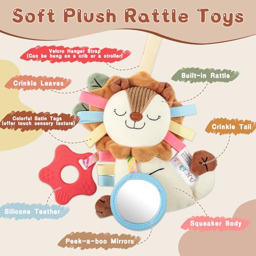 TYRY.HU Baby Car Seat Toy: Soft Plush Sensory Rattle with Teether, Mirror & Crinkle Sounds for Infants 0-12 Months