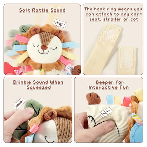 TYRY.HU Baby Car Seat Toy: Soft Plush Sensory Rattle with Teether, Mirror & Crinkle Sounds for Infants 0-12 Months