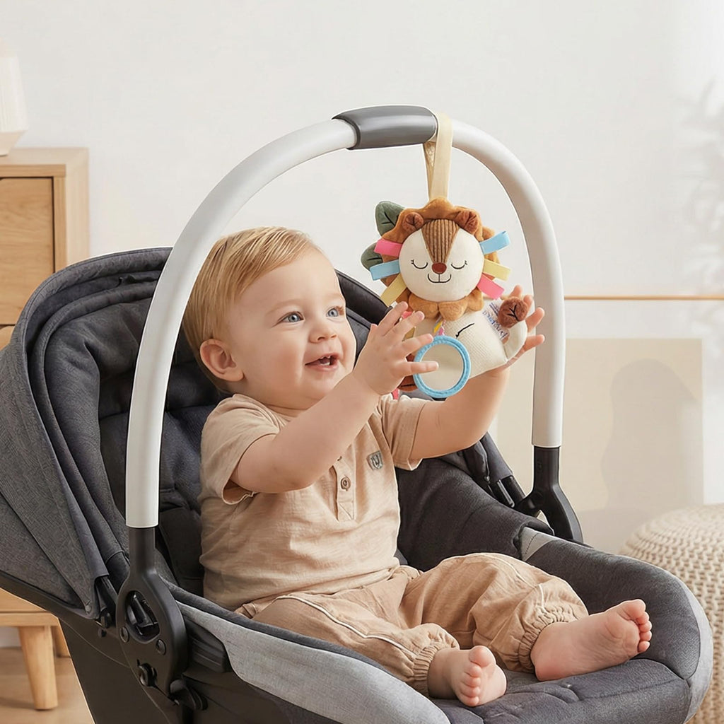 TYRY.HU Baby Car Seat Toy: Soft Plush Sensory Rattle with Teether, Mirror & Crinkle Sounds for Infants 0-12 Months