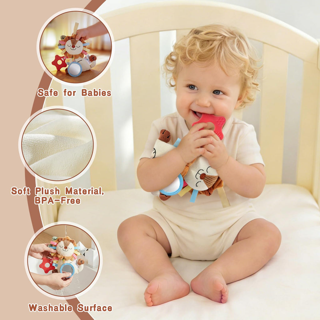 TYRY.HU Baby Car Seat Toy: Soft Plush Sensory Rattle with Teether, Mirror & Crinkle Sounds for Infants 0-12 Months