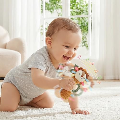 TYRY.HU Plush Lion Rattle – Soft Sensory Toy with Crinkle, Squeaker & Bell for Babies 0-12 Months