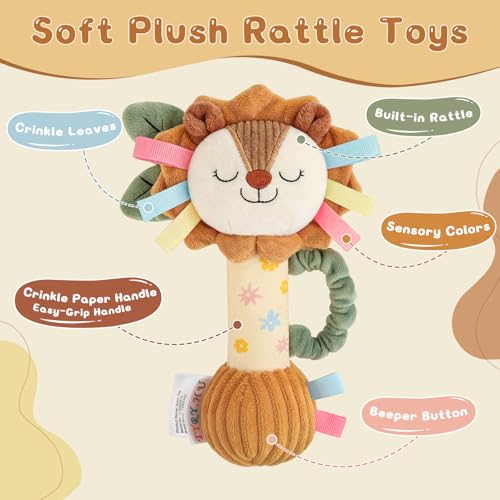 TYRY.HU Plush Lion Rattle – Soft Sensory Toy with Crinkle, Squeaker & Bell for Babies 0-12 Months