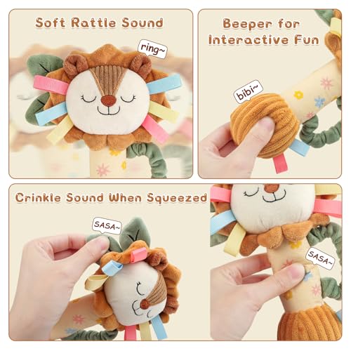 TYRY.HU Plush Lion Rattle – Soft Sensory Toy with Crinkle, Squeaker & Bell for Babies 0-12 Months
