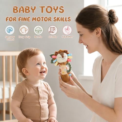 TYRY.HU Plush Lion Rattle – Soft Sensory Toy with Crinkle, Squeaker & Bell for Babies 0-12 Months