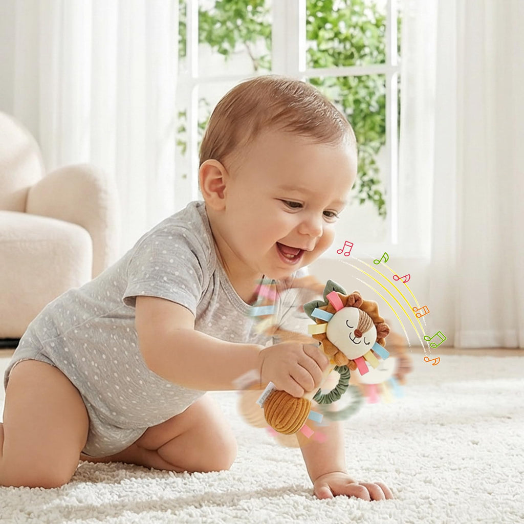 TYRY.HU Plush Lion Rattle – Soft Sensory Toy with Crinkle, Squeaker & Bell for Babies 0-12 Months