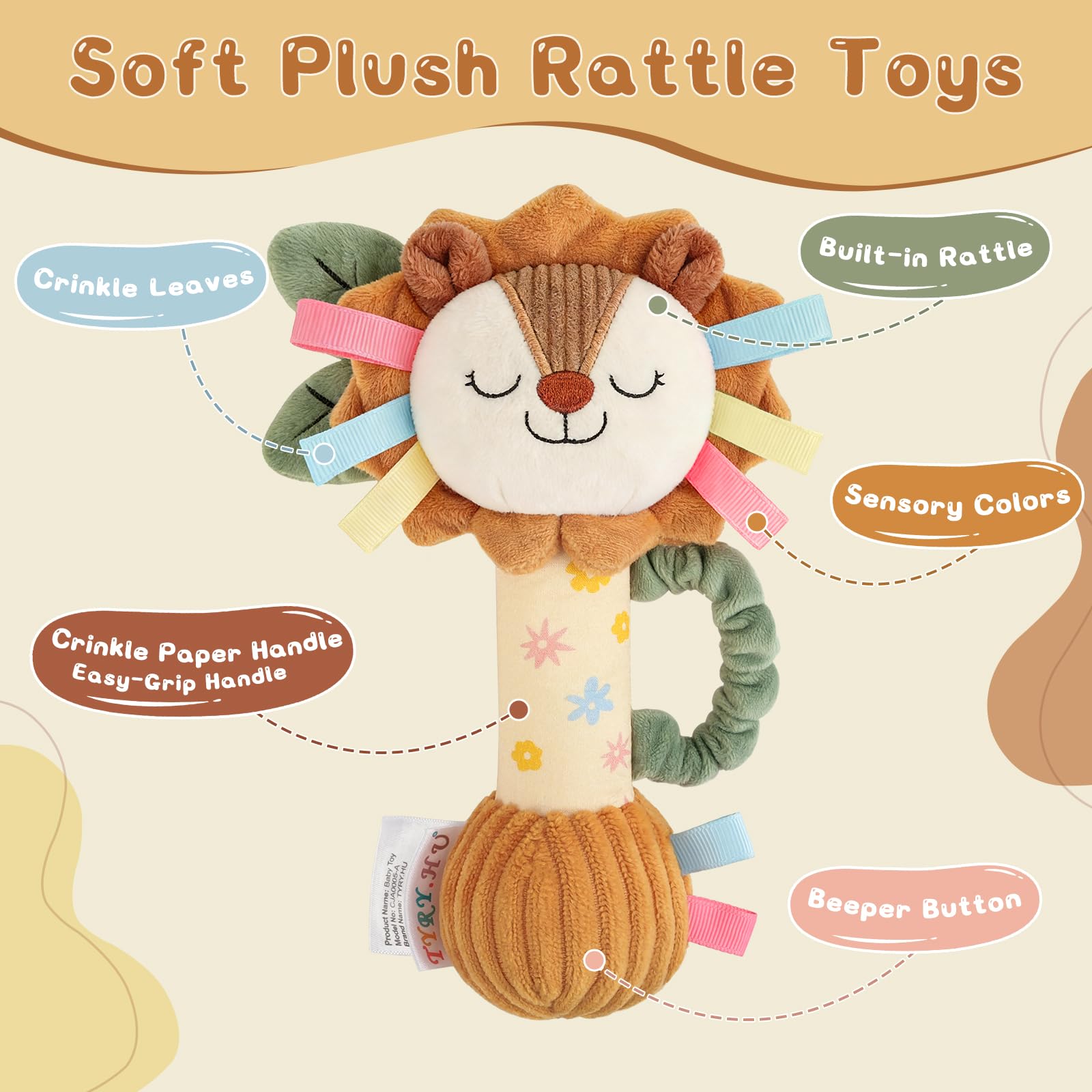 TYRY.HU Plush Lion Rattle – Soft Sensory Toy with Crinkle, Squeaker & Bell for Babies 0-12 Months