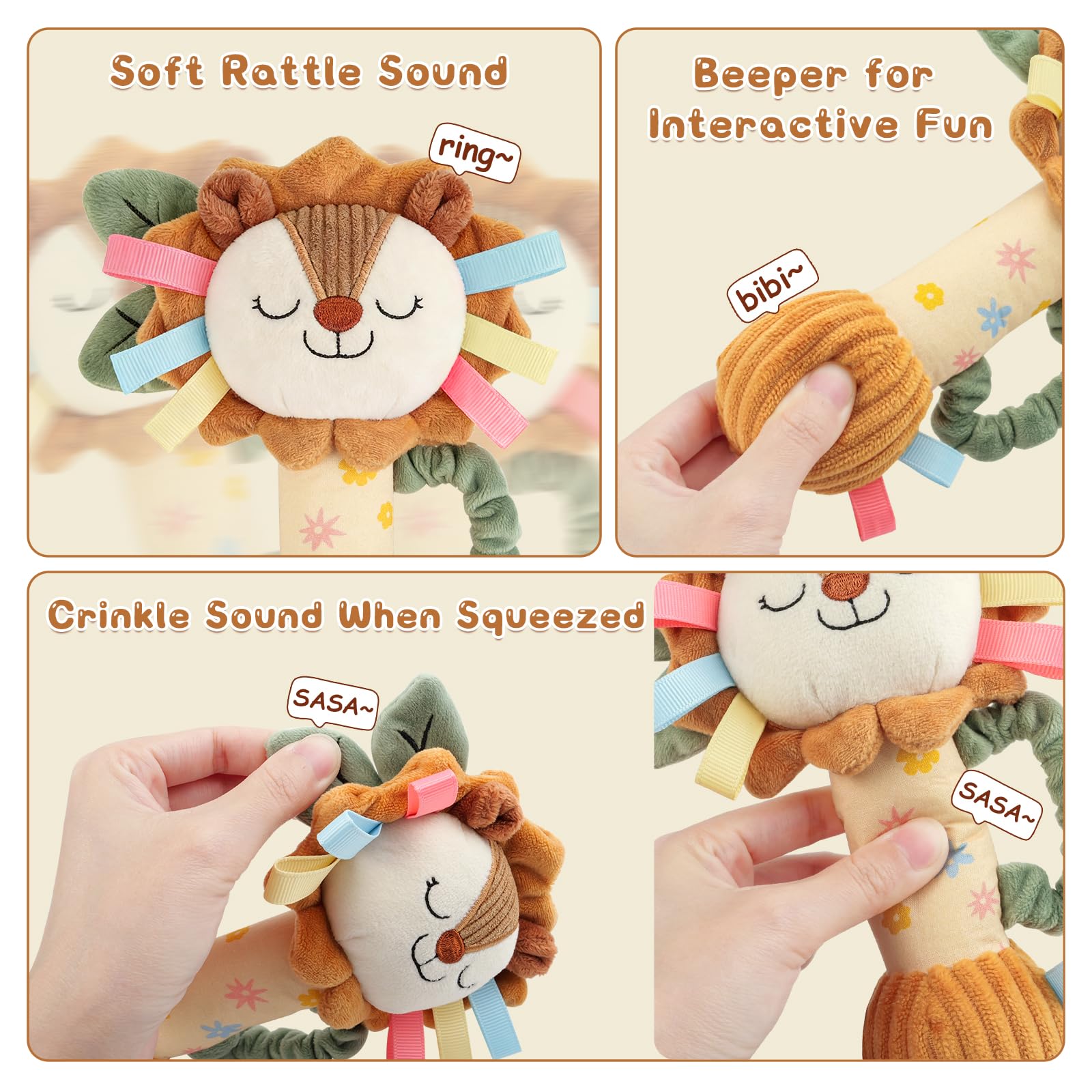 TYRY.HU Plush Lion Rattle – Soft Sensory Toy with Crinkle, Squeaker & Bell for Babies 0-12 Months