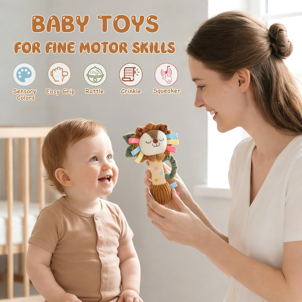TYRY.HU Plush Lion Rattle – Soft Sensory Toy with Crinkle, Squeaker & Bell for Babies 0-12 Months
