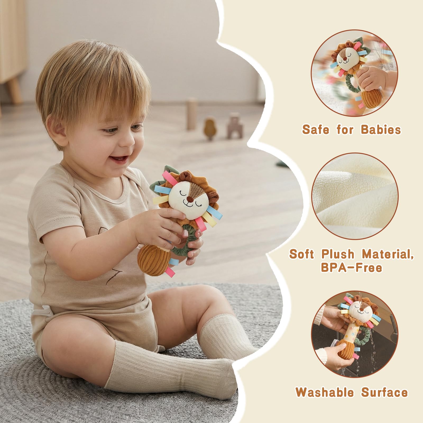 TYRY.HU Plush Lion Rattle – Soft Sensory Toy with Crinkle, Squeaker & Bell for Babies 0-12 Months