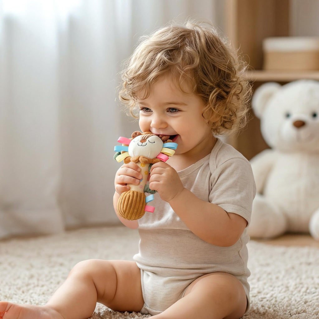 TYRY.HU Plush Lion Rattle – Soft Sensory Toy with Crinkle, Squeaker & Bell for Babies 0-12 Months