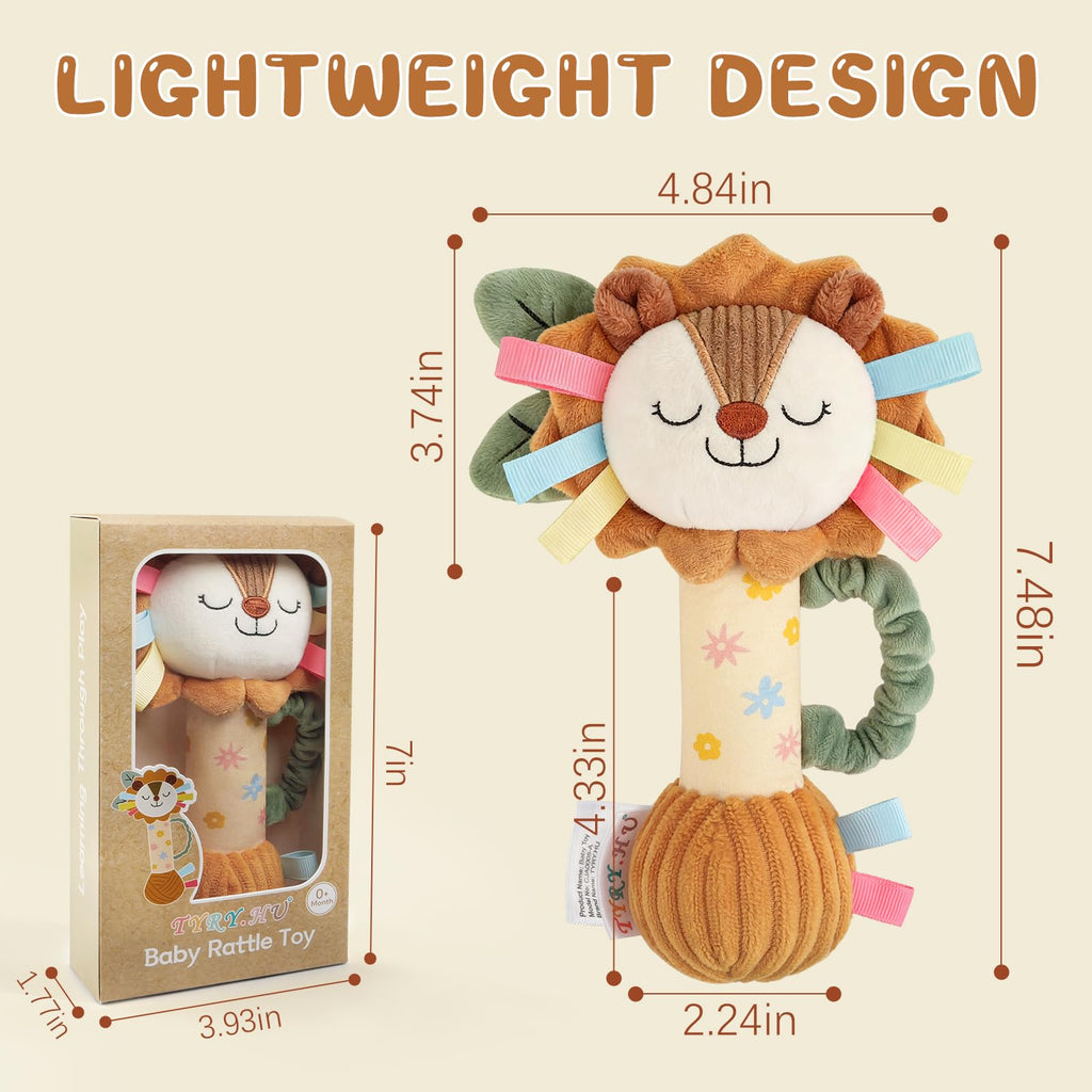 TYRY.HU Plush Lion Rattle – Soft Sensory Toy with Crinkle, Squeaker & Bell for Babies 0-12 Months