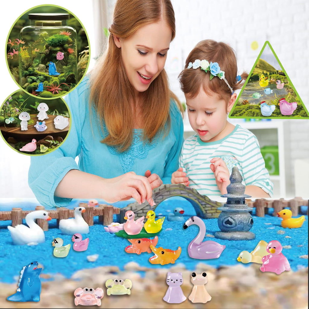 U-Zimikee 130-Piece Glow-in-the-Dark Mini Resin Animals – 25 Styles, Tiny Figurines for Fairy Garden & Dollhouse Crafts
