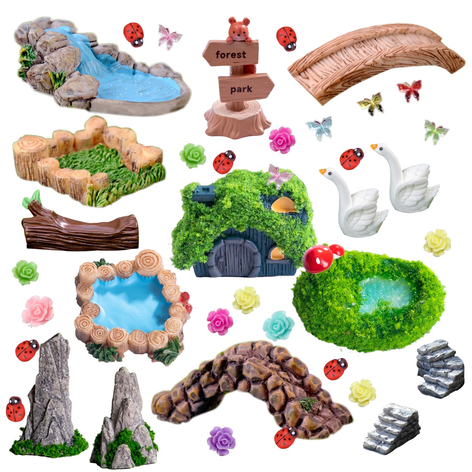 U-Zimikee 45 Pcs Resin Mini Garden Accessories Kit – Miniature Landscape Decorations for Dollhouses, Fairy Gardens, and Crafts