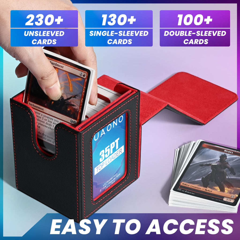 UAONO Card Deck Box for Commander EDH - Holds 100+ Double-Sleeved Cards, PU Leather with Magnetic Closure, Includes Dividers and Top Loader