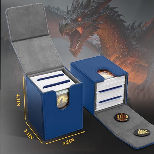 UAONO Card Deck Box for Yugioh MTG - PU Leather 100+ Card Storage Case with Strong Magnets (Navy, Sky Dragon)