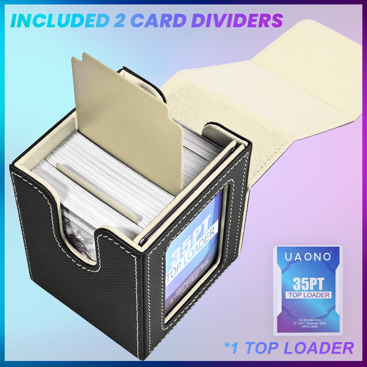 UAONO Commander Deck Box - Holds 100 Double-Sleeved Cards, Magnetic Closure, Includes Top Loader and Dividers (Black/Gold)