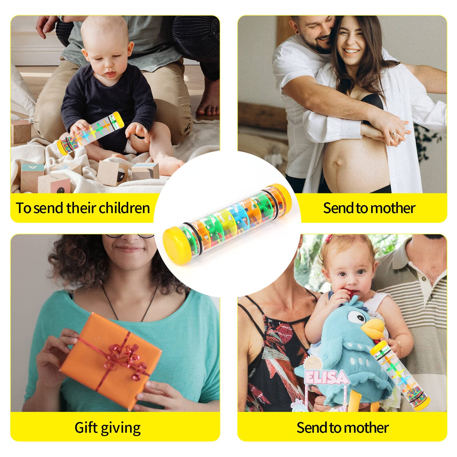 Ubblove 8-Inch Mini Rain Stick – Yellow Rainmaker Rattle for Sensory Play and Auditory Development