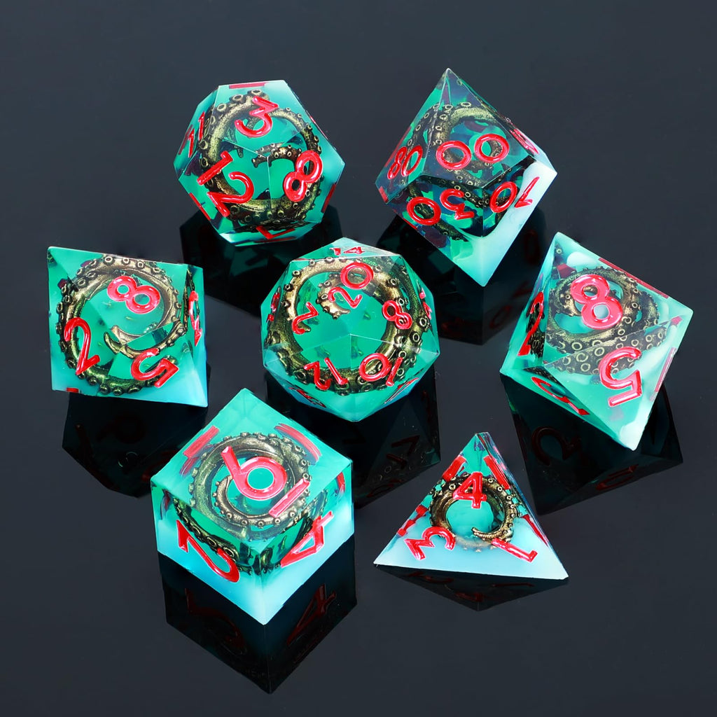 UBEUCK 7-Piece Octopus Tentacle Polyhedral Dice Set – White & Green Resin D&D RPG Dice with Box