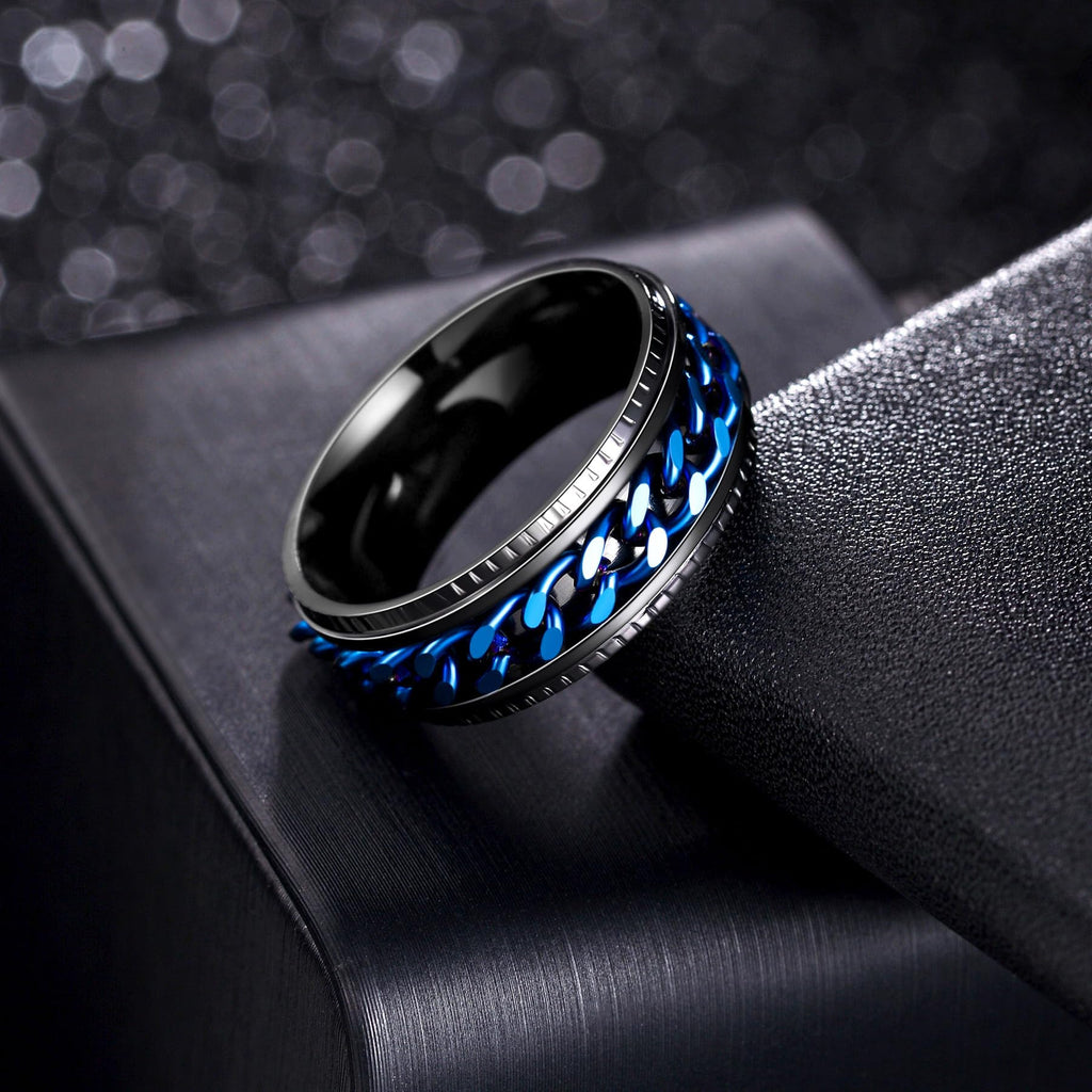 Udolfly Men's Fidget Ring – Anxiety Spinner Ring with Spinning Chain in Titanium Stainless Steel, Size 11, 8mm Wide